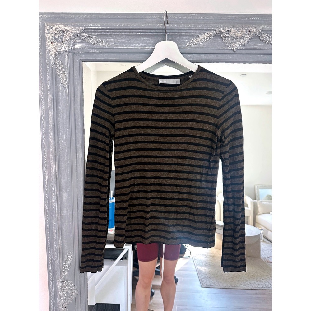 Vince Horizontal Striped Long Sleeve Knit Crewneck Top Olive Brown Black XS
